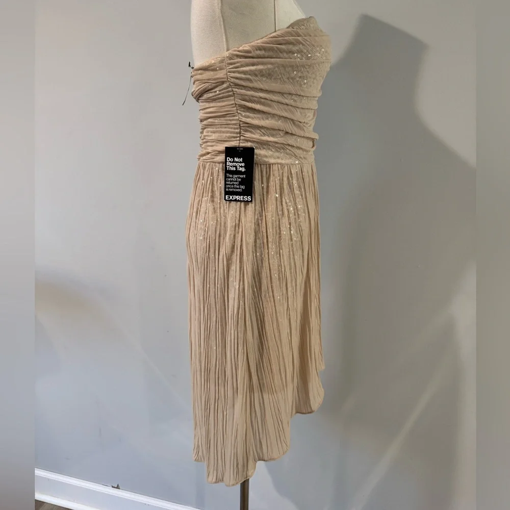 NWT Express Shimmering High Low Sequin Strapless Dress in Tan - Picture 3 of 6